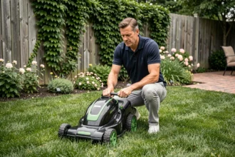 Homme utilisant une tondeuse à gazon sur batterie dans un jardin suburban soigné avec clôture en bois et massifs fleuris