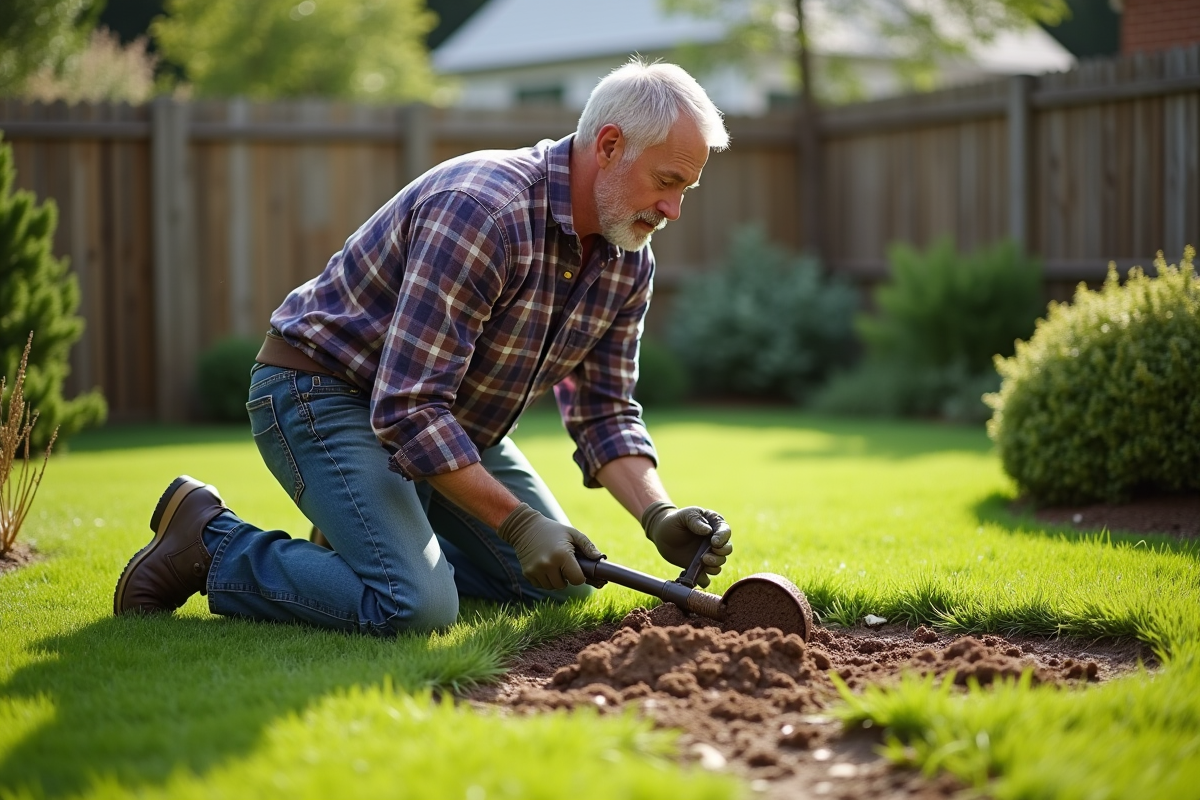 Homme d'âge moyen utilisant un coupe-herbe manuel sur la pelouse