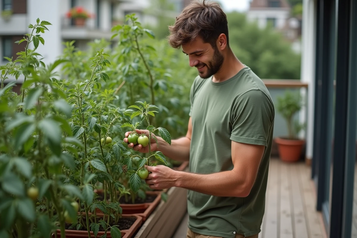 Homme vérifiant les feuilles de tomates sur un balcon