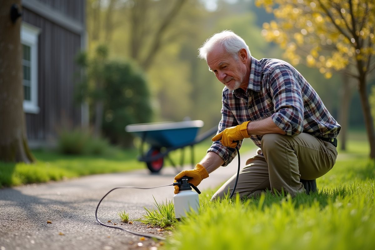 Homme âgé traitant des mauvaises herbes dans un jardin rural