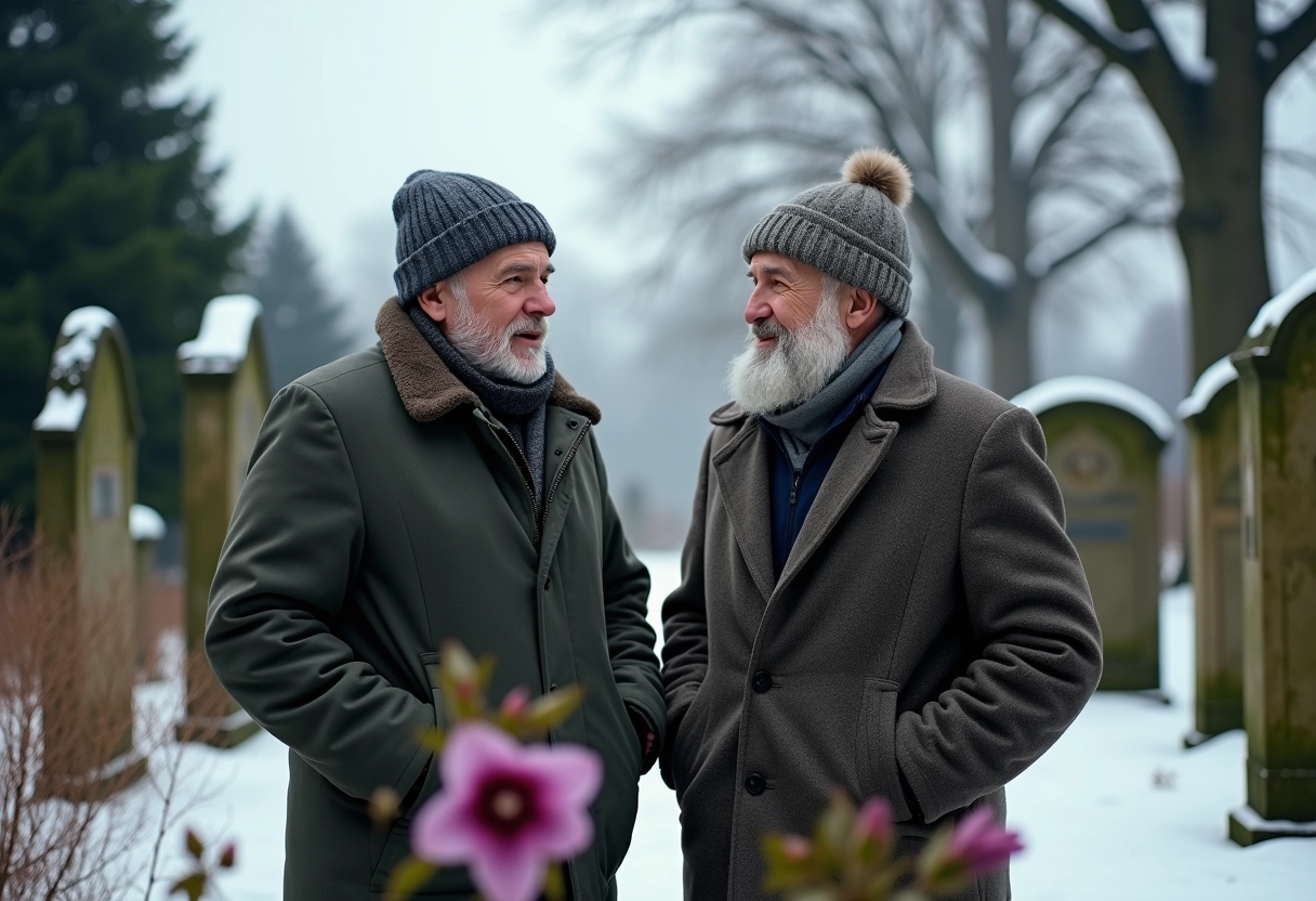 Deux hommes âgés observant des hellébores en hiver dans un cimetière