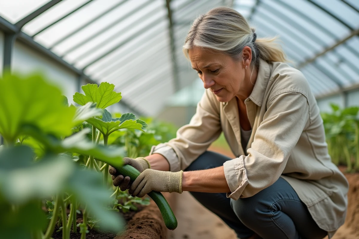 Horticultrice inspectant une plante de courgette en serre pour détecter des maladies fongiques