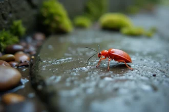 Petit insecte rouge sur béton humide en plein air
