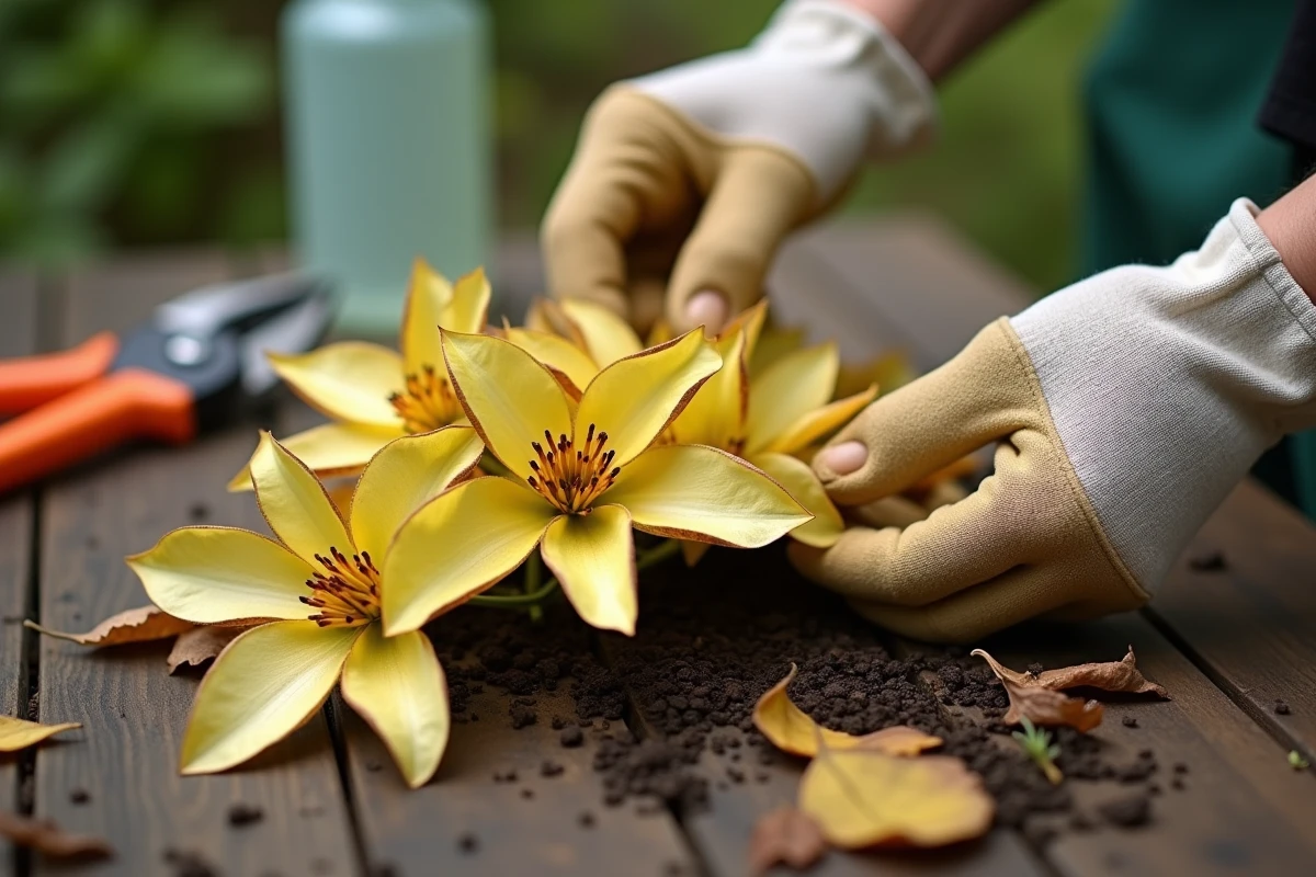 Mains de jardinier inspectant les feuilles jaunes d'un laurier rose pour diagnostiquer la cause du jaunissement