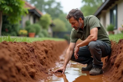 Installateur de piscine analysant un sol argileux humide dans une tranchée d'excavation de jardin