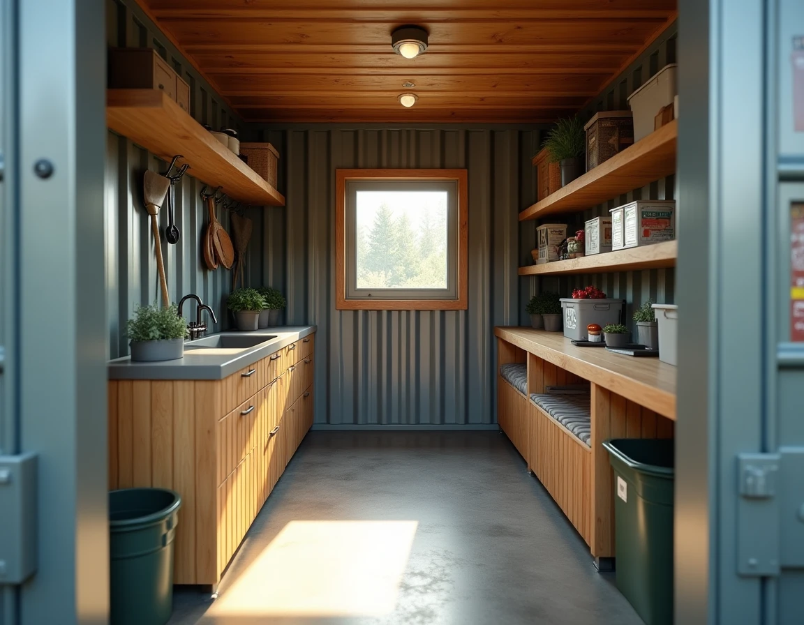 Intérieur aménagé d'un conteneur abri de jardin avec rangements d'outils et revêtement bois