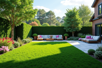 Jardin moderne avec pelouse verte et espace détente