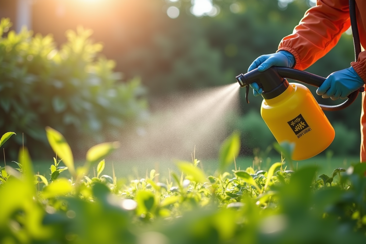 Personne appliquant herbicide dans un jardin ensoleille