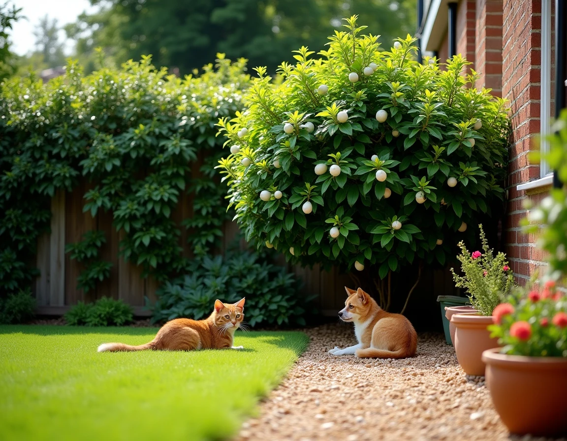 Vue d'ensemble d'un jardin familial avec haie d'oranger du Mexique portant des fruits, un chat et un chien se reposant sur la pelouse à distance