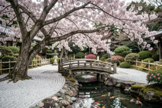 Jardin japonais traditionnel avec un cerisier en fleurs roses en pleine floraison, reflété dans un bassin à koïs entouré de pierres et de lanternes en pierre