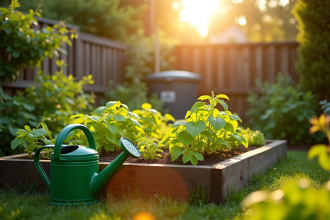 Jardin ensoleille avec potager surélevé et plantes saines