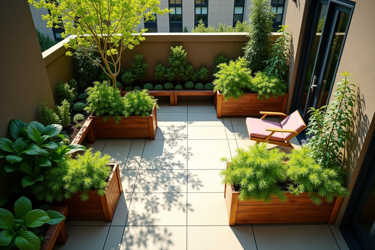 Jardin urbain vu du dessus avec plantes vertes et espace détente