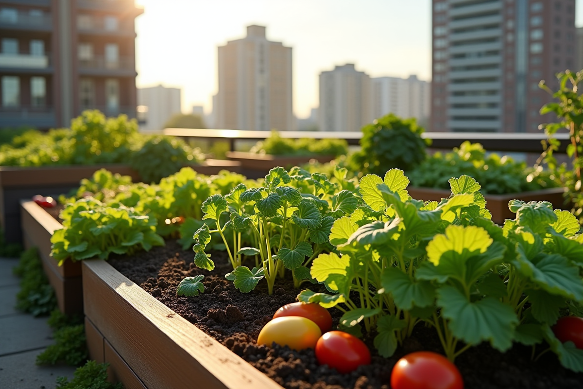 Jardin urbain sur toit avec planters et immeubles en arrière-plan
