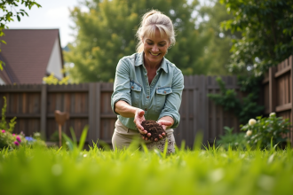 Femme jardinant en compostant dans un jardin verdoyant