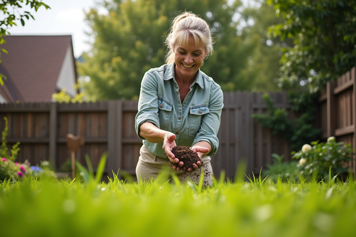 Femme jardinant en compostant dans un jardin verdoyant