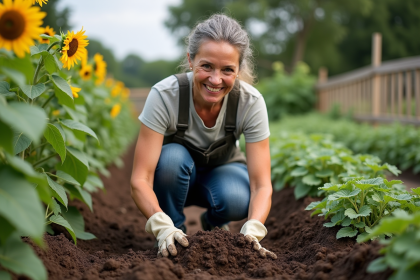 Femme en jardinage mélangeant compost dans le sol