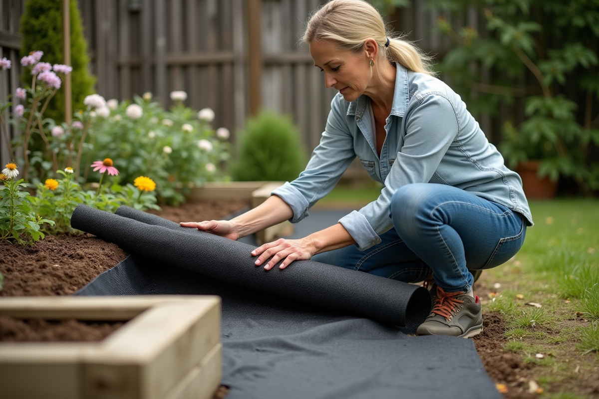 Femme en jardinage posant avec tissu géotextile dans le jardin
