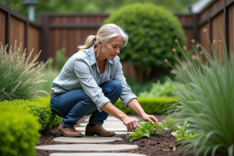 Femme d'âge moyen en jardinage dans un jardin tranquille