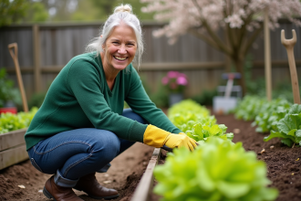 Femme souriante en jardinage près de salades vertes