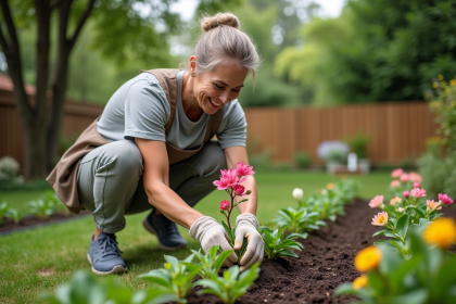 Femme d'âge moyen transplantant une plante dans le jardin