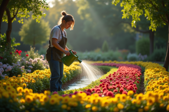Jardinier arrosant des fleurs colorées dans un jardin en forme de U