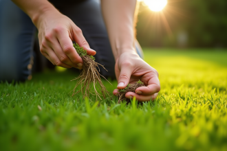 Personne arrachant des mauvaises herbes dans le jardin ensoleille