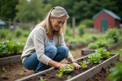 Femme plantant des semis dans un jardin communautaire