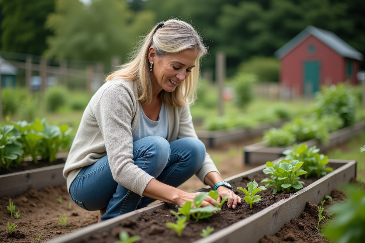 Femme plantant des semis dans un jardin communautaire