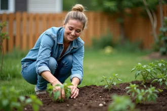 Femme souriante plantant des tomates dans le jardin
