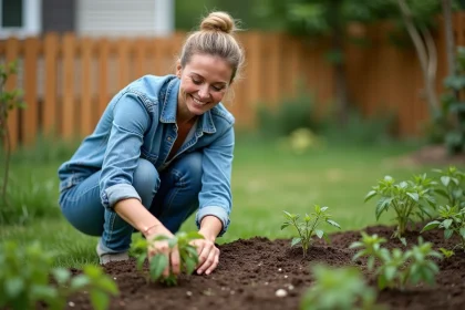 Femme souriante plantant des tomates dans le jardin
