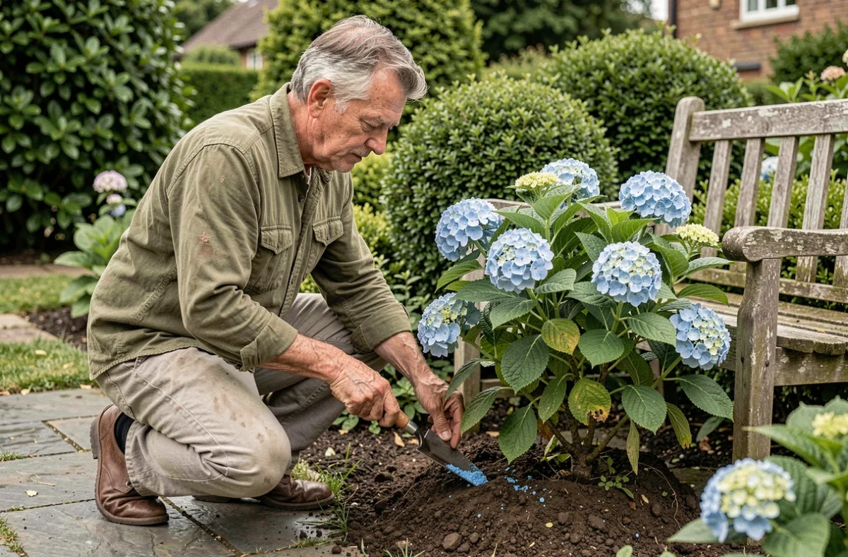 Jardinier amendant la terre autour d'un hortensia bleu avec une méthode naturelle dans un jardin résidentiel