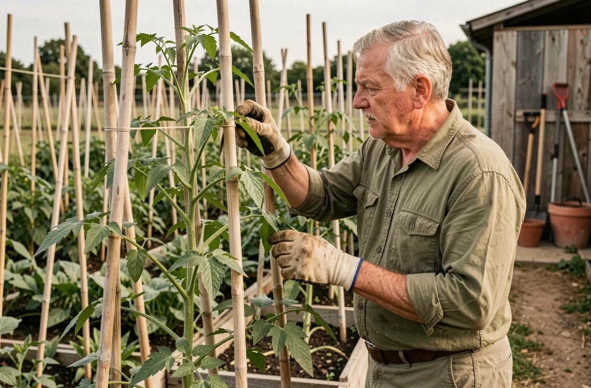 Jardinier expérimenté évaluant les gourmands sur des plants de tomates tuteurés dans un potager