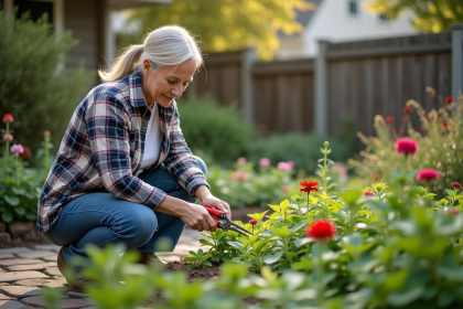 Femme jardinant taillant des plantes dans un jardin