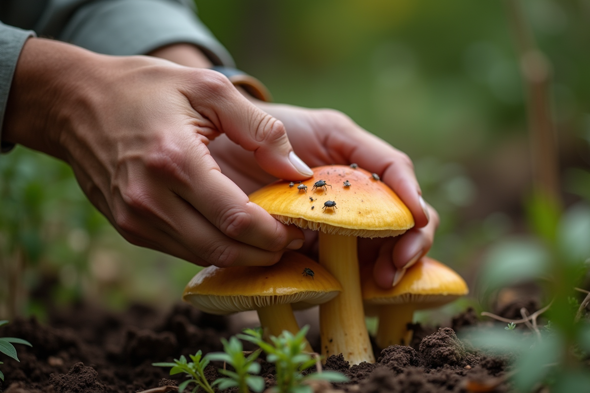 Jardinier inspectant les champignons dans le jardin