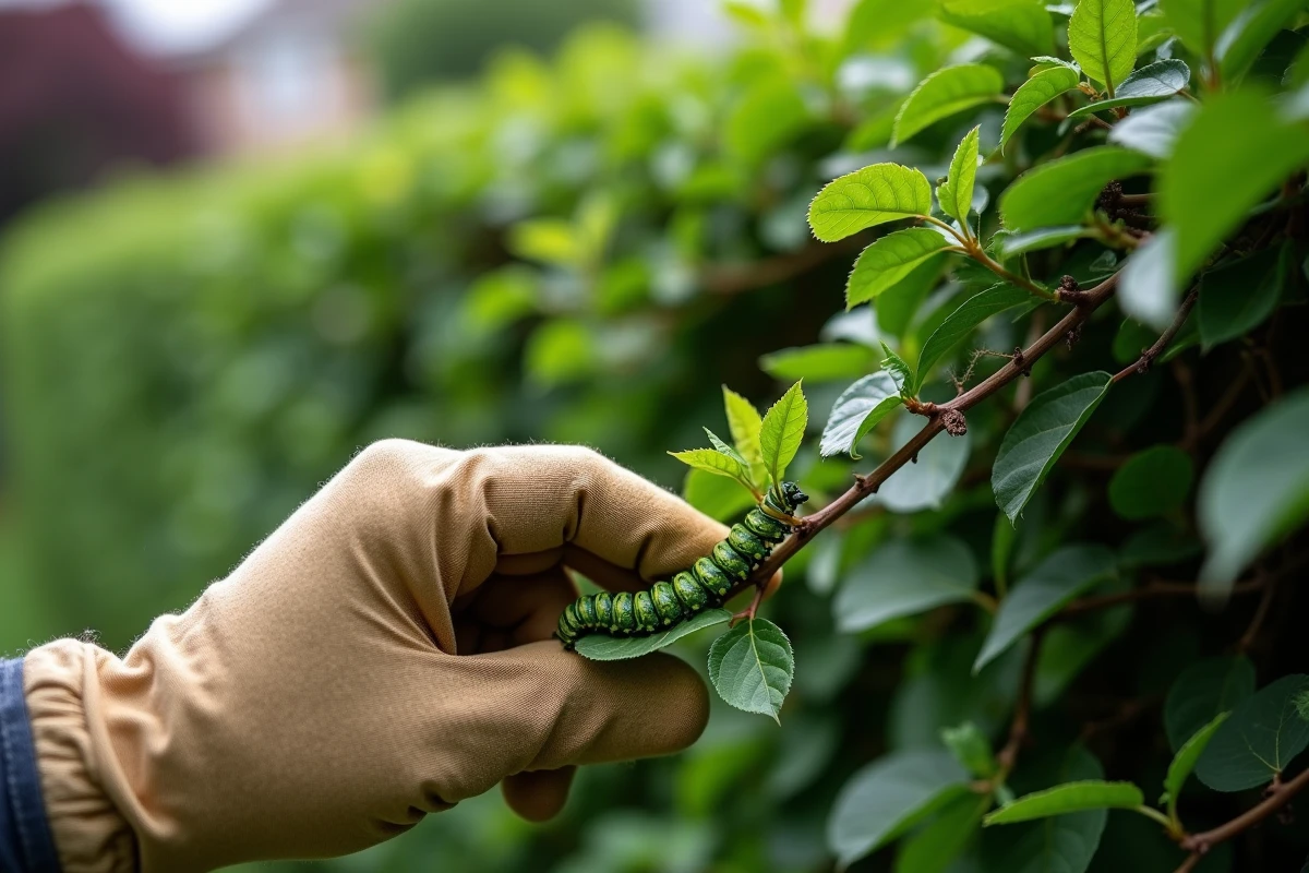 Jardinier inspectant une haie infestée de petites chenilles vertes avec des feuilles endommagées