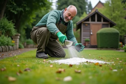 Jardinier en pantalon imperméable lime la pelouse verte