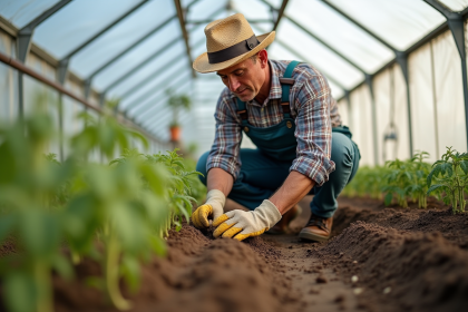 Homme en tenue de jardinage plantant des jeunes tomates dans une serre
