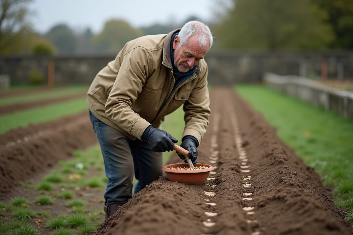 Jardinier âgé traçant des sillons dans un potager en plein air pour semer des haricots en rangs réguliers