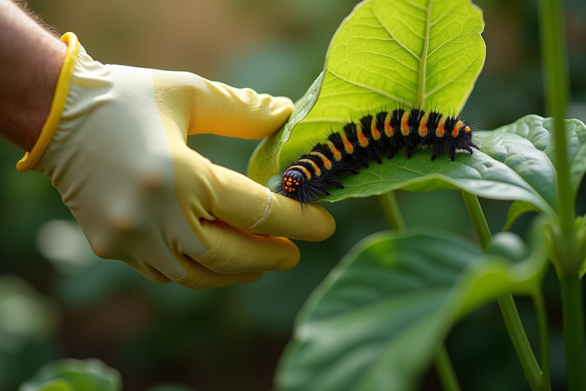 Mains gantées inspectant une feuille avec une chenille sphinx