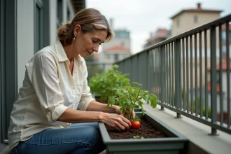 Femme plantant des jeunes tomates sur un balcon urbain
