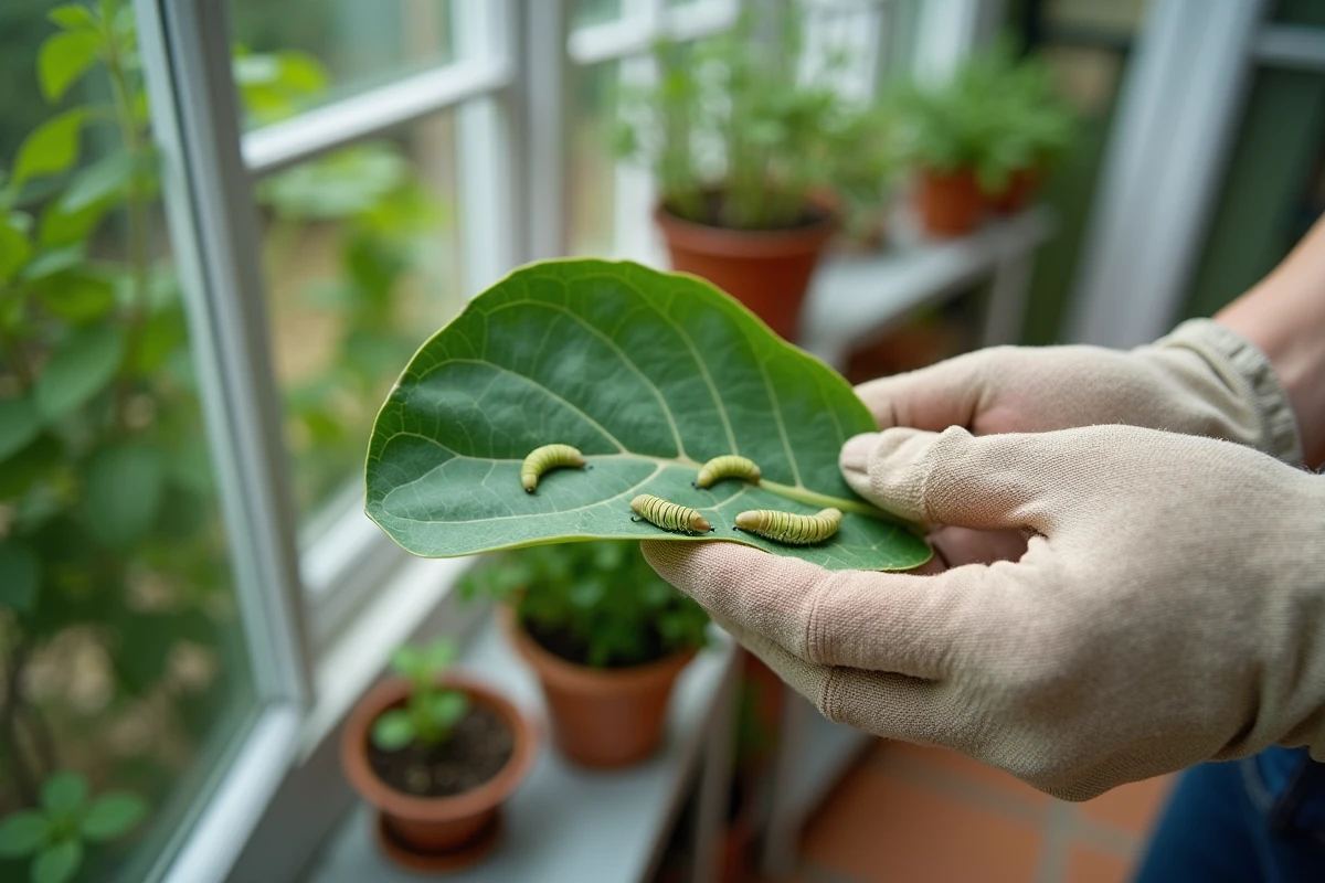 Jardinière inspectant des chenilles vertes sous une feuille dans une véranda