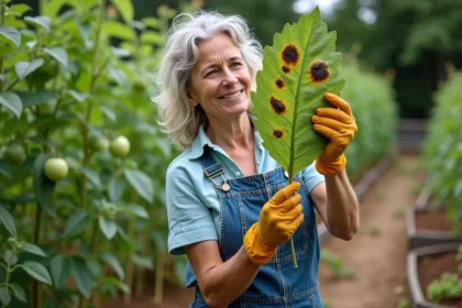 Jardinière examinant une feuille de tomate avec des taches noires dans un potager