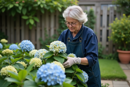 Femme moyenne âge en tenue de jardinage coupe des hortensias