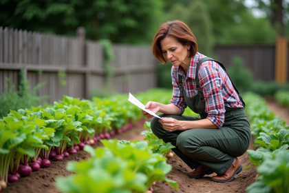 Femme jardinant avec rangs de betteraves saines