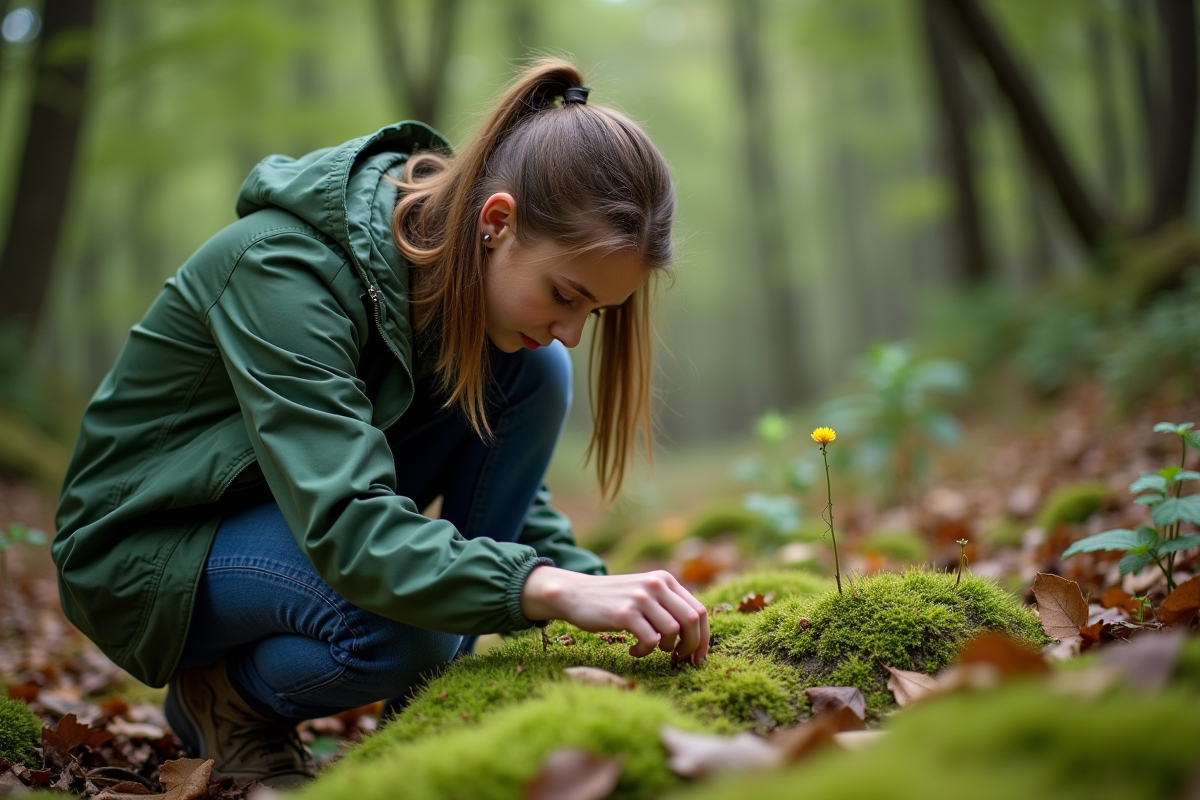 Jeune femme observe la mousse et les insectes en forêt
