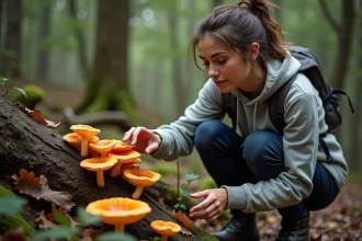 Jeune femme en extérieur pointant des champignons orange dans la forêt