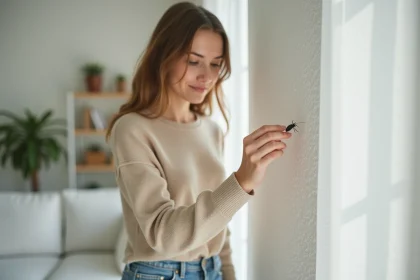 Jeune femme examine un insecte sur un mur intérieur