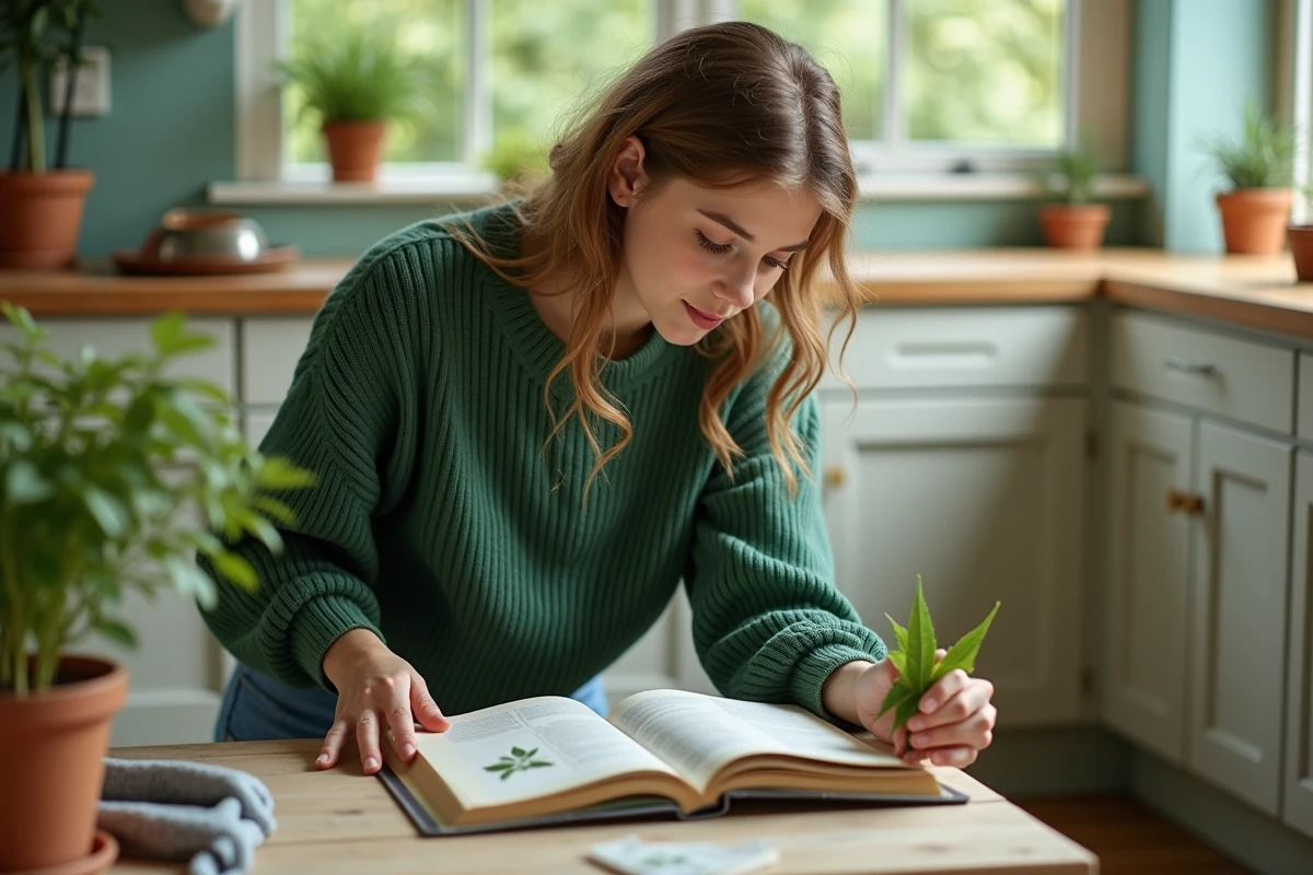 Jeune femme examinant une feuille de mûrier dans la cuisine