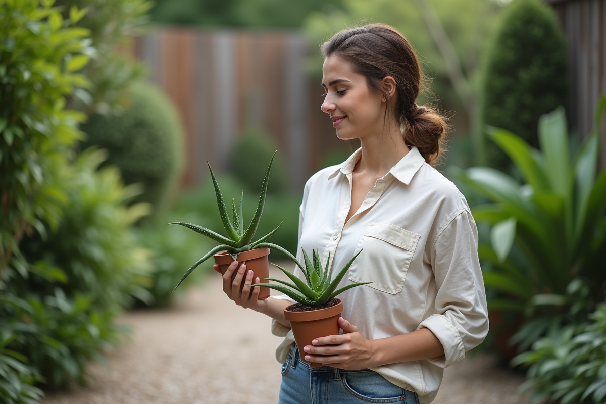Jeune femme tenant une plante aloe vera dans un jardin