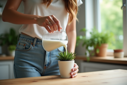 Jeune femme versant de l'eau sucrée dans une plante d'intérieur